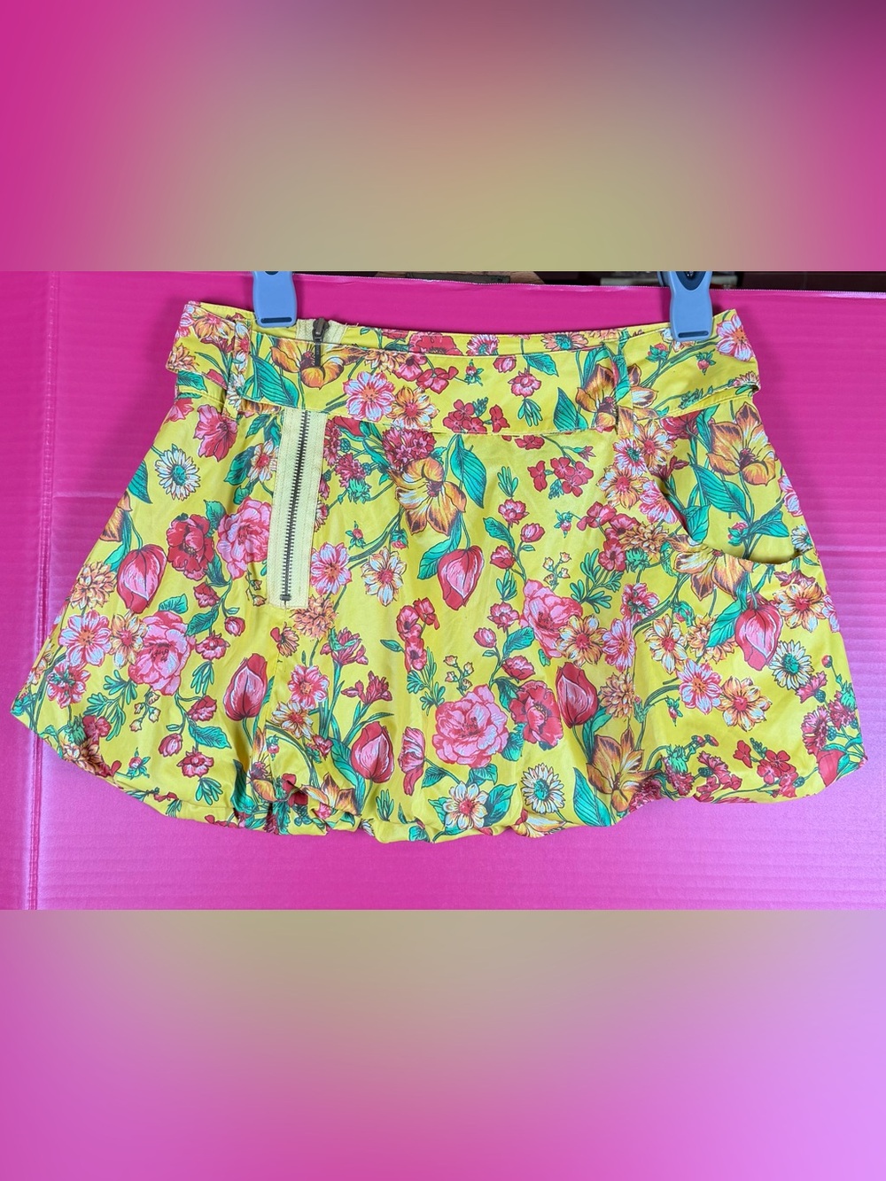 Farm Rio Bright Yellow Floral Bubble Skirt with Front Zip Medium
